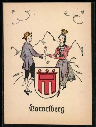 Künstler-AK Junges Paar in Vorarlberger Trachten hinter dem Stadtwappen