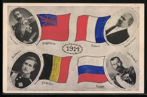 AK Zar Nikolaus II., König Albert I., König George V., Raymond Poincaré