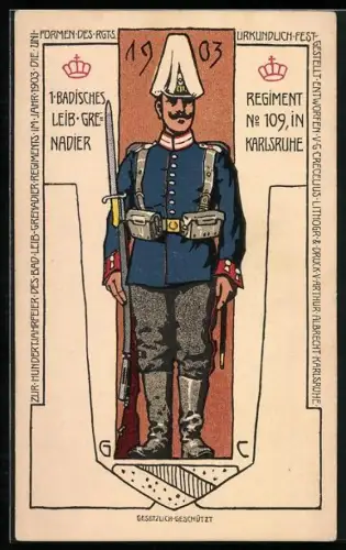 Künstler-AK Karlsruhe, 1. Badisches Leib-Grenadier Regiment No. 109, Uniform von 1903