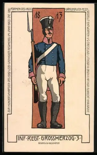 Lithographie Soldat in Uniform des Inf. Regt. Grossherzog 3