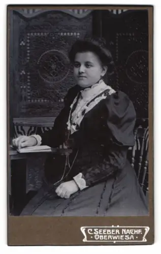 Fotografie C. Seeber Nachf., Oberwiesa, Sitzende Dame mit kunstvollem Hintergrund