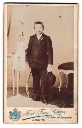 Fotografie Ferd. Frey Söhne, Amberg, Junge in eleganter Kleidung mit Hut