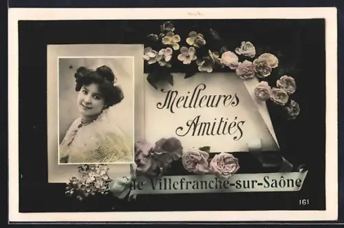 AK Villefranche-sur-Saône, Meilleures amitiés avec portrait féminin et fleurs