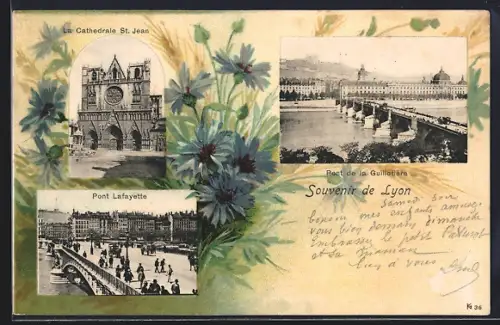 AK Lyon, La Cathédrale St. Jean, Pont Lafayette et Pont de la Guillotière, Souvenir de Lyon