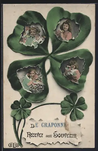 AK Craponne, Recevez mon souvenir avec trèfles et portraits d`enfants