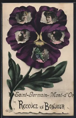 AK Saint-Germain-Mont-d`Or, Pensée avec portraits féminins et message Recevez un Bonjour