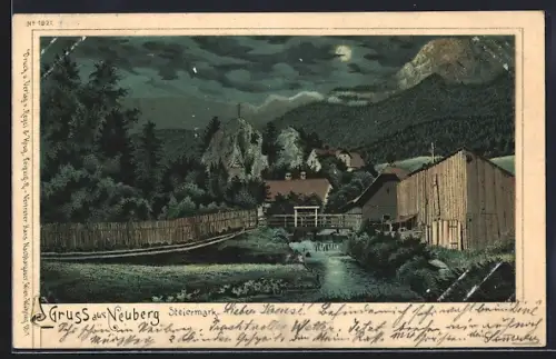 Lithographie Neuberg /Steiermark, Ortsansicht mit Brücke und Bergen