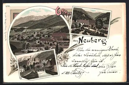 Lithographie Neuberg, Gesamtansicht mit Wasserfall