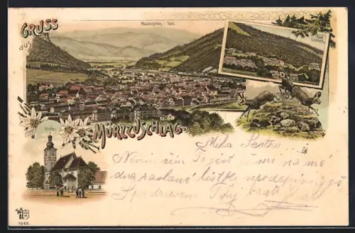 Lithographie Mürzzuschlag, Hotel Lambach, Kirche, Ortsansicht