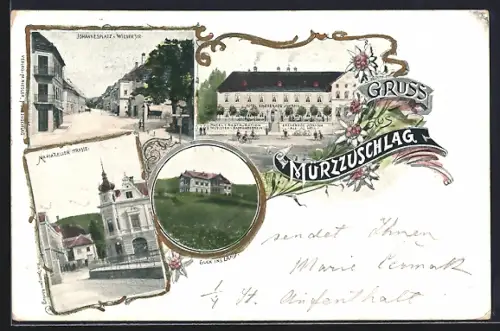 Lithographie Mürzzuschlag, Johannesplatz u. Wienerstrasse, Mariazeller Strasse, Hotel Guck ins Land