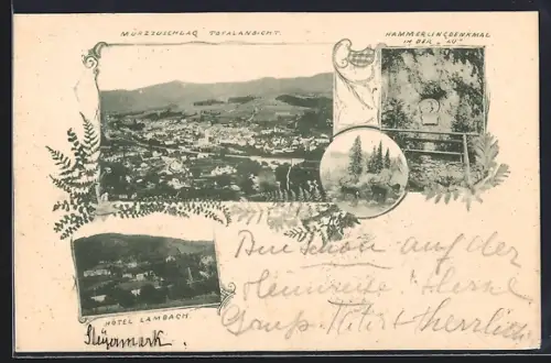 AK Mürzzuschlag, Totalansicht, Hammerlingdenkmal und Hotel Lambach
