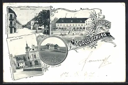 Lithographie Mürzzuschlag, Johannesplatz u. Wienerstrasse, Mariazeller Strasse, Hotel Guck ins Land