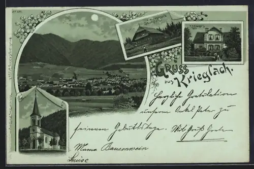 Mondschein-Lithographie Krieglach, Roseggers Geburtshaus, Roseggers Villa, Kirche, Ortsansicht