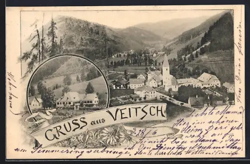 AK Veitsch, Gasthaus Broschenhof, Ortsansicht mit Blick ins Tal