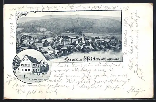 Lithographie Mitterdorf im Mürzthal, Gasthof z. Weintraube v. J. Meier, Ortsansicht