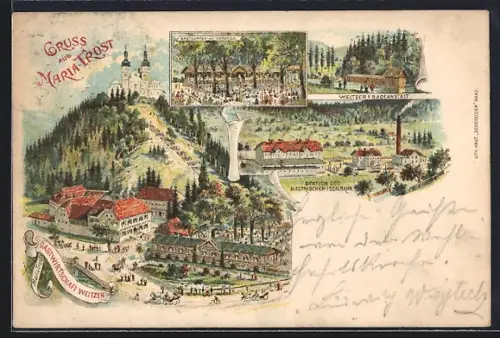 Künstler-AK Mariatrost, Station an der Elektrischen Lokalbahn, ORtsansicht und Weitzer Badeanstalt