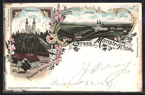 Lithographie Graz, Mariatrost, Totalansicht, Wallfahrtskirche & Gasthaus Reissmüller
