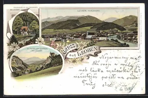 Lithographie Leoben, Panoramablick, St. Peter - Freyenstein, Waldkapelle Kaltenbrunn