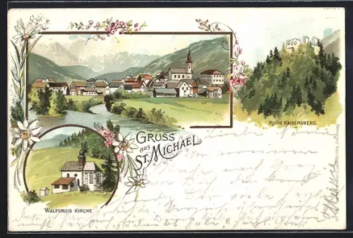 Lithographie St. Michael, Ortsansicht mit Ruine Kaisersberg