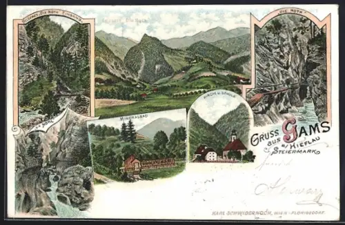 Lithographie Gams, Mineralbad, Kirche & Schule, Die Noth