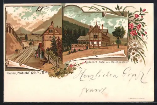 Lithographie Präbichl, Spitalers Hotel zum Reichenstein, Bahnhof