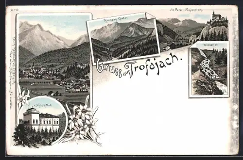 Lithographie Trofaiach, Schloss Mell, Wasserfall, Ortsansicht
