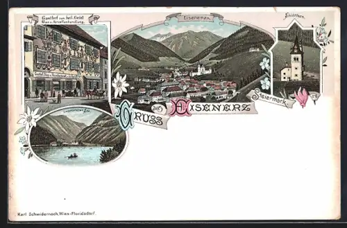 Lithographie Eisenerz, Erzbergbau, Panorama, Schichtturm, Leopoldsteiner See