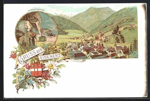 AK Eisenerz, Erzbergwerk, Ortsansicht aus der Vogelschau