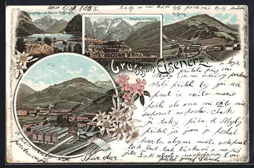 Lithographie Eisenerz, Leopoldsteiner See mit Pfaffenstein, Erzberg, Ortsansicht
