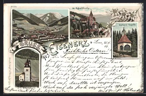Lithographie Eisenerz, St. Oswaldkirche, Barbara-Kapelle, Schichthurm, Ortsansicht