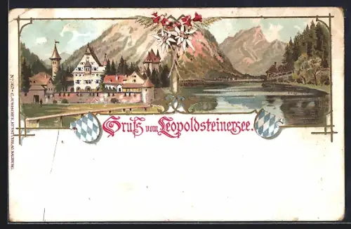 Lithographie Eisenerz, Leopoldsteinersee, Ortsansicht mit Bergpanorama