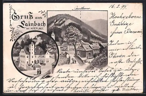 Lithographie Lainbach b. Hieflau, Volksschule, Ortsansicht aus der Vogelschau