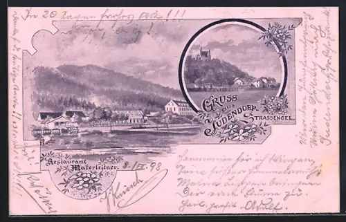 Lithographie Judendorf-Strassengel, Restaurant Materleitner, Ortsansicht