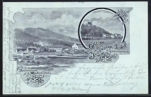 Lithographie Judendorf-Strassengel, Restaurant Materleitner, Ortsansicht