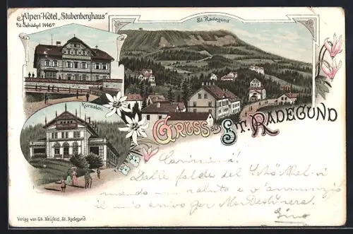 Lithographie St. Radegund am Schröckel, Alpen-Hotel Stubenberghaus, Kursalon, Ortsansicht