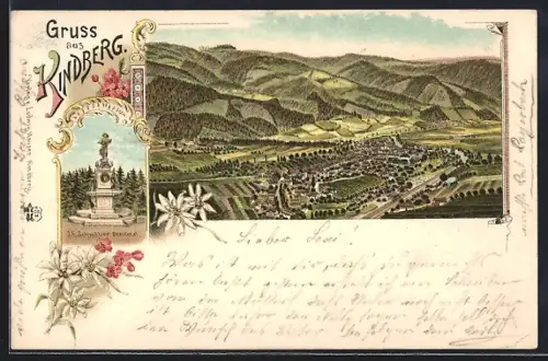 Lithographie Kindberg, J. E. Schmölzer-Denkmal, Ortsansicht aus der Vogelschau