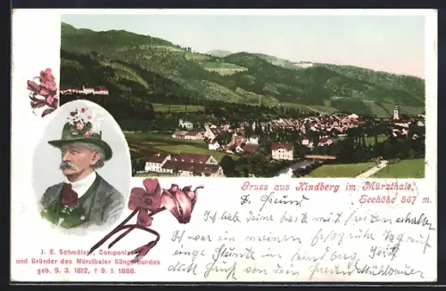 Lithographie Kindberg im Mürtzthale, Panorama, Portrait J.E. Schmölzer