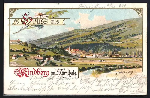 Lithographie Kindberg, Gesamtansicht mit Umgebung