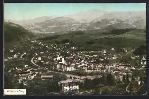 AK Mürzzuschlag, Gesamtansicht mit Viadukt und Bergen aus der Vogelschau