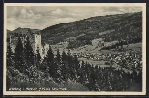 AK Wartberg i. Mürztale, Ortsansicht mit Burgruine aus der Vogelschau