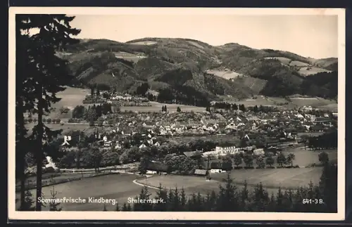 AK Kindberg, Gesamtansicht mit Bergpanorama aus der Vogelschau