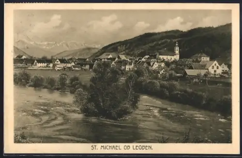 AK St. Michael ob Leoben, Uferpartie mit Kirche