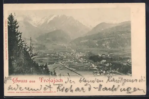 AK Trofajach, Gesamtansicht mit Bergpanorama aus der Vogelschau