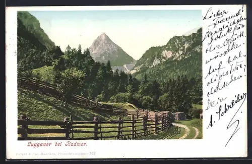 AK Luggauer bei Radmer, Ortspartie mit Bergspitze