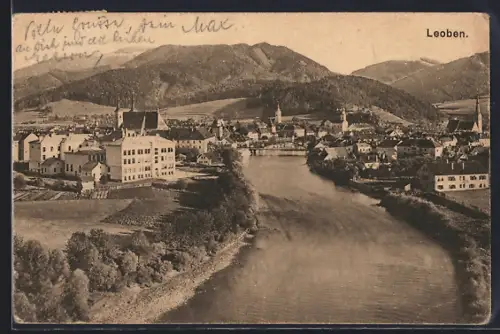 AK Leoben, Flusspartie mit Ort und Bergpanorama