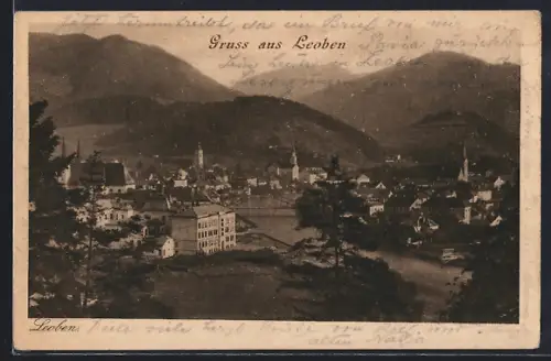 AK Leoben, Totalansicht mit Brücke aus der Vogelschau