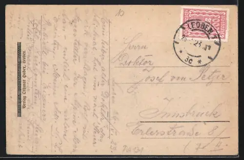 AK Leoben, Totalansicht mit Brücke aus der Vogelschau