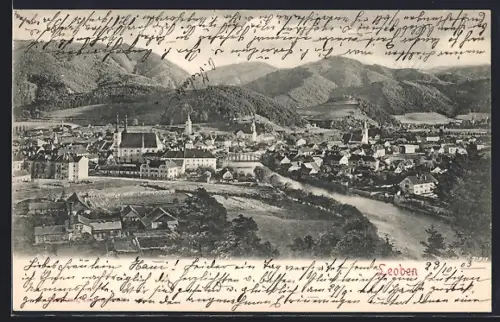AK Leoben, Gesamtansicht mit Brücke u. Bergpanorama