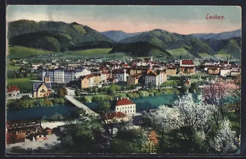 AK Leoben, Totalansicht mit Brücke aus der Vogelschau