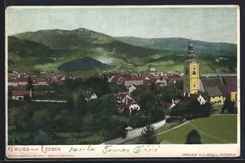 AK Leoben, Ortsansicht mit Turm aus der Vogelschau